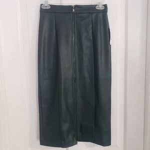 bar lll Womens Faux Leather Midi Skirt‎ SZ 0 Pencil Full Zip Lined Career Green